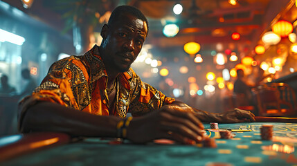 Winning Hand: An African American Man Stands with Arms Outstretched at a Poker Table, Brimming with Joy and Excitement as He Celebrates a Victorious Hand, Embracing the Thrill of the Game.