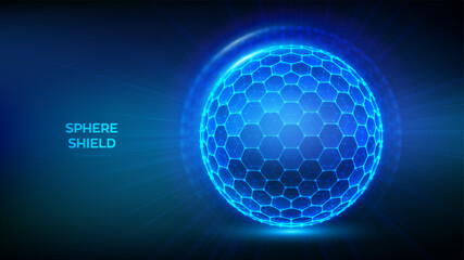 Sphere shield with hexagon pattern on blue background. Abstract protection sphere shield. Glowing bubble shield in the form of a force energy field. Protection and safety concept. Vector illustration.