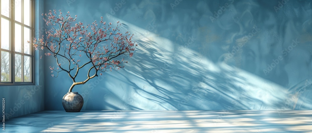 Poster The minimalist background of a light blue background is accompanied by a complex shadow from tree branches on the wall to create a beautiful presentation for a product.