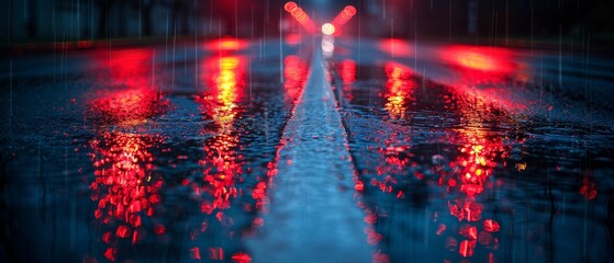 The city at night, a dark street with neon lights reflecting on wet asphalt. Red laser light and red rays of light in the dark. An abstract dark blue background.