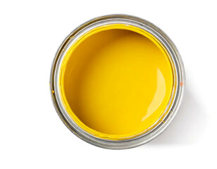 Farbdose mit gelber Farbe isoliert auf weißen Hintergrund, Freisteller, Draufsicht 