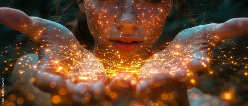 Poster in the future, we will have metaverse virtual reality technology. the woman is holding a global netw