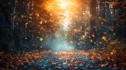 Autumn landscape with a pathway leading through a vibrant forest with falling leaves. - obrazy, fototapety, plakaty