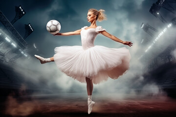 A ballerina in a white tutu kicks a soccer ball in a jump, against the backdrop of a football field and stands
