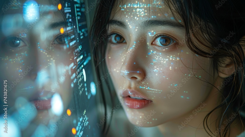 Aufkleber Using AI, Big Data, this portrait shows an Asian female startup digital entrepreneur working in front of a computer, a line of code projected on her face and reflecting in the mirror.