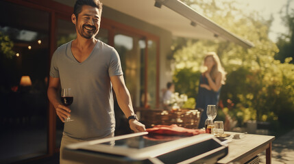 Asian man in a t-shirt in his forties, drinks a cocktail together with his friends, near the grill of a beautiful country house on a sunny day, Party in the garden