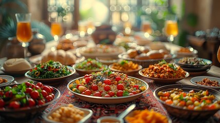 The Eid al-Fitr holiday table. Ramadan dinner. Breaking fast and iftar. Traditional Arabic food from the Middle East
