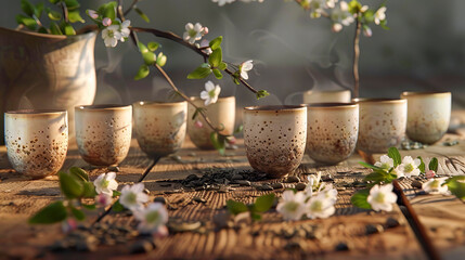 Rustic ceramic tea cups with steaming tea surrounded by delicate blooming branches.