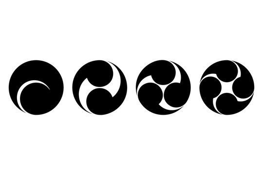 Japanese tomoe symbols, from left onefold to left fourfold. Four swirls of commas or tadpoles, circumscribed in a circle. Widely used for emblems, banners, rituals, festivals and in Shinto shrines.