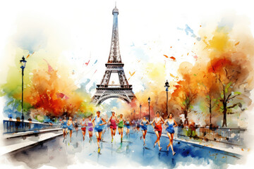 Athletes jogging near the Eiffel tower in Paris, France. 2024 Olympic games in France concept. Aquarelle style