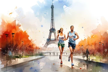 Schilderijen op glas Athletes jogging near the Eiffel tower in Paris, France. 2024 Olympic games in France concept. Aquarelle style © Ekaterina Pokrovsky