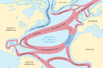 Map of North Atlantic Ocean currents, with Gulf Stream and other major ocean currents. North Atlantic water circulating in clockwise direction, red color for warm and blue color for cold currents. - obrazy, fototapety, plakaty
