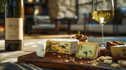 An array of artisanal cheeses on a wooden board, complemented by a glass of white wine, illustrating a refined culinary experience.