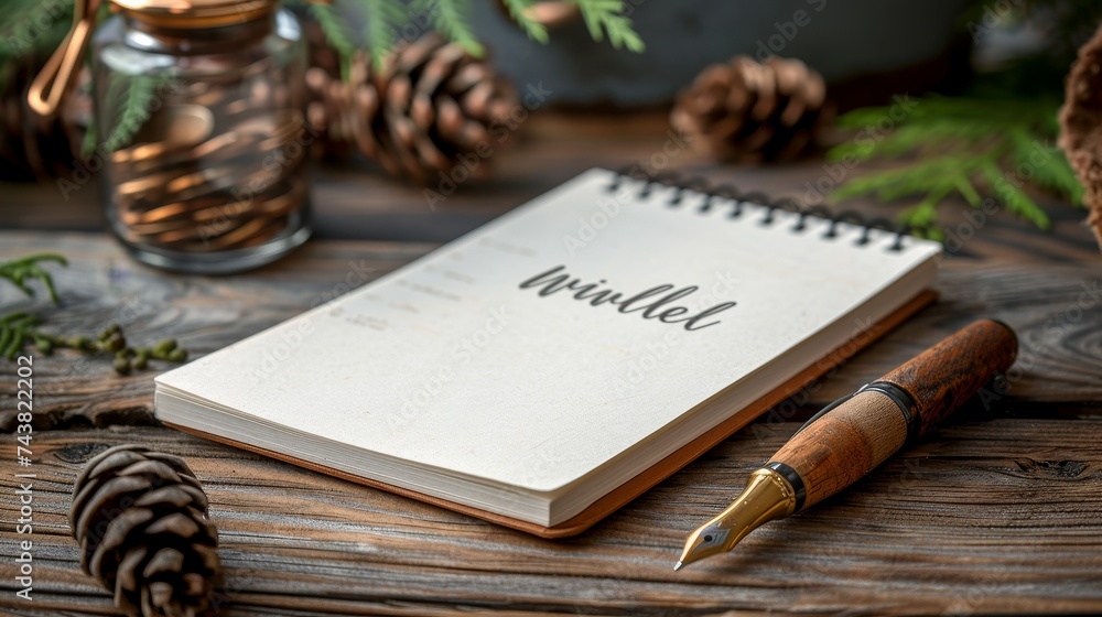 Poster An empty notepad with the phrase wish list on top of a rustic wood table is the background for this image
