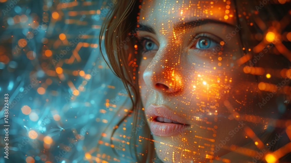 Poster An image of a woman using a laptop computer and database connection, AI Artificial Intelligence, and computer code on a virtual screen. This image is futuristic.