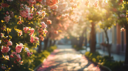 Beautiful spring background with blooming sakura flowers on a sunny day - obrazy, fototapety, plakaty