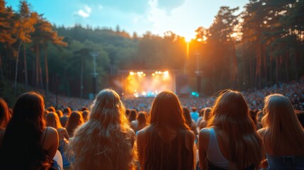 In front of the stage, female friends watch a concert in the park in the open.