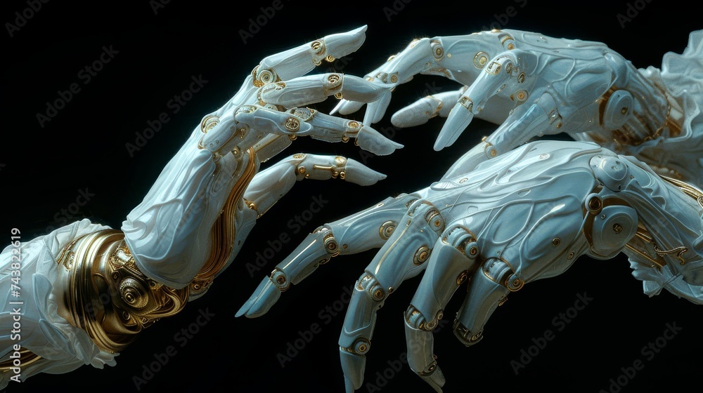 Poster Robot and human hands touching on virtual network interface for the future. Artificial intelligence technology concept.