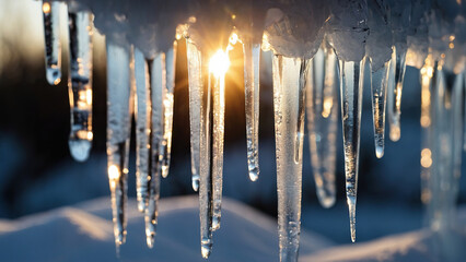 Amazing view of icicles in the rays of the setting sun
