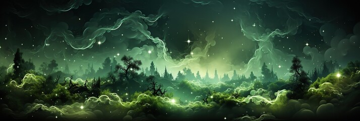 Fototapeta na wymiar A mesmerizing painting of a dense forest beneath a starry night sky, with billowing clouds adding an ethereal touch to the scene