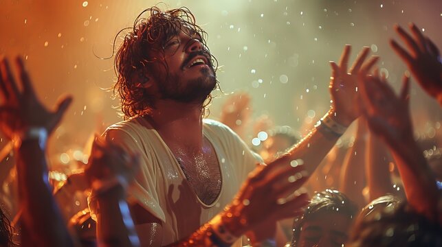 The crowd surfing man at a music festival