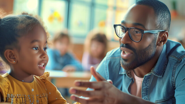 Diverse male teacher teaching school girl using sign language in class at elementary school