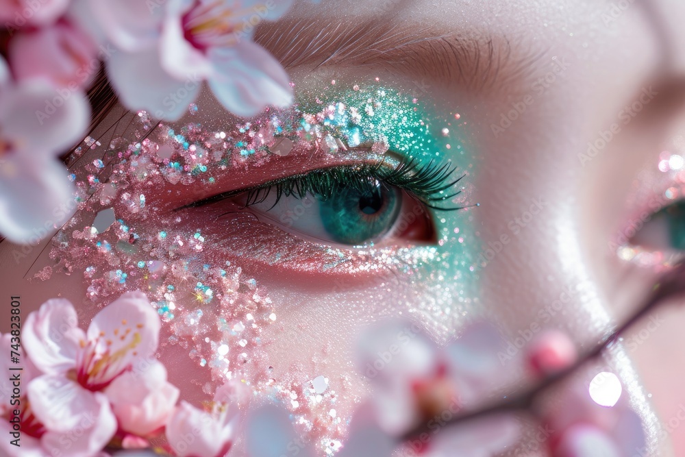 Poster a close-up shot capturing the intricate details of a womans eye surrounded by delicate pink flowers,