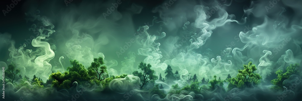 Poster a painting depicting a forest shrouded in thick smoke, creating an ethereal and mystical atmosphere.