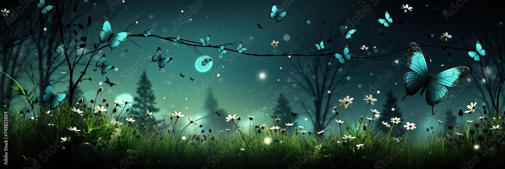 Poster colorful butterflies fluttering gracefully in the starlit sky, creating a mesmerizing scene of natur
