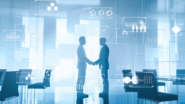 Two professionals shaking hands in a high-tech corporate environment, transparent analytics overlays.