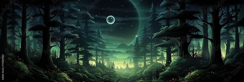 Poster a mesmerizing painting of a dark forest illuminated by the soft glow of the moon in the night sky, c