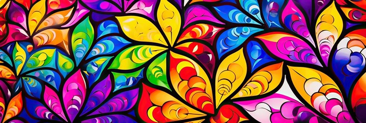 Vibrant leaves in a variety of colors swirl and twirl against a clean white background in this lively and artistic painting