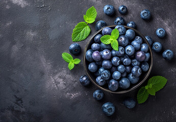 
Fresh Blueberries in a bowl on dark background, top view. 