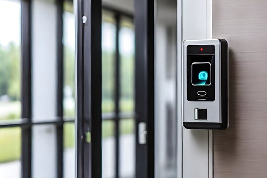 Closeup of facial recognition or fingerprints scanner machine to access door security, record time attendance. Entry security system, electronic personality identification scanner, protection concept