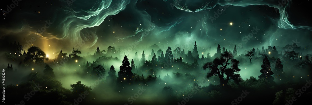 Poster A breathtaking painting of a dense forest filled with a myriad of towering trees, creating a mesmerizing canopy of greenery and tranquility