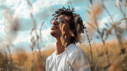 Young black man in a field breathing in fresh air. Young man meditating in nature. Wellness and healing in nature. Diversity and inclusion in the wellness industry.