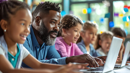 Diverse male teacher using laptop teaching children in elementary school class