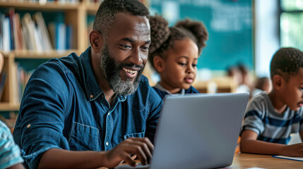 Diverse male teacher using laptop teaching children in elementary school class