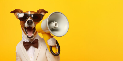 Stylish Jack Russell Terrier in formal attire uses bullhorn to promote on bright yellow backdrop.