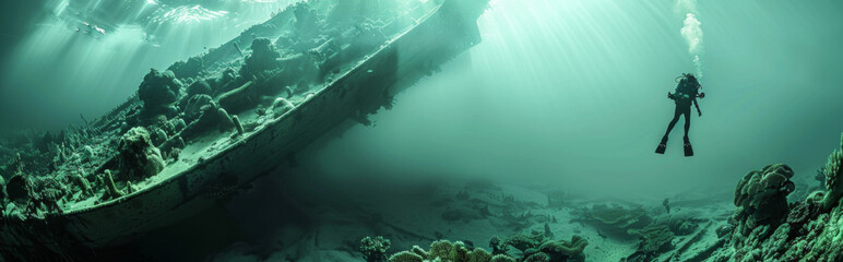 Underwater panorama of a sunken ship in the sea with diver near.
 - obrazy, fototapety, plakaty
