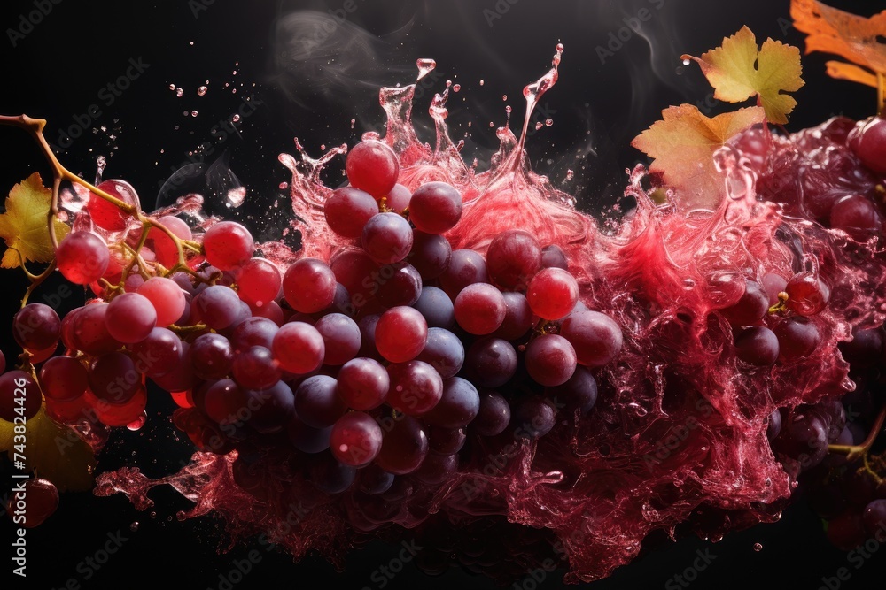 Poster vivid red grapes splashing in water with autumn leaves on a dark background.