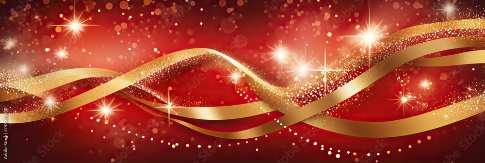 Poster A vibrant red and gold background twinkles with an array of sparkles, creating a mesmerizing and enchanting display of color and light