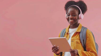 A black student studying online with a backpack, tablet, headphones, and a pink studio background....