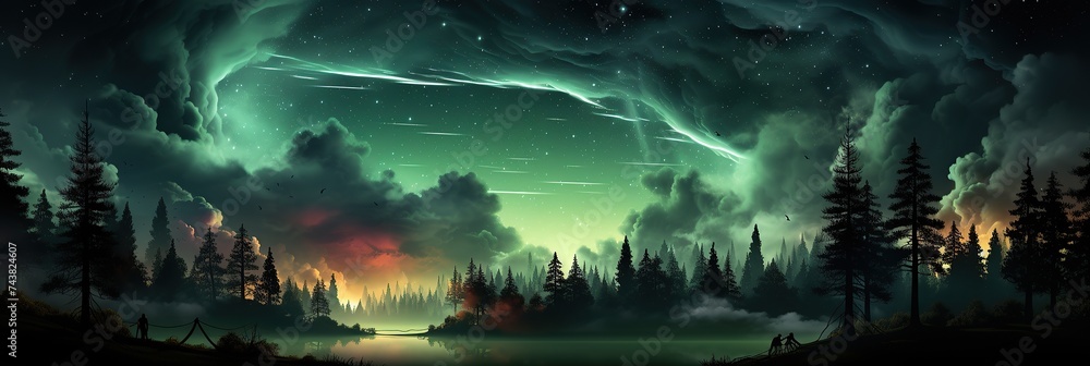 Poster forest teeming with towering trees, their branches intertwining in a harmonious dance under a luminous sky