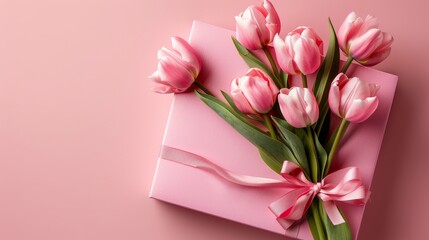 This image portrays a top view of a stylish pink giftbox with ribbon bow and a bouquet of tulips against an isolated pastel pink background with copyspace.