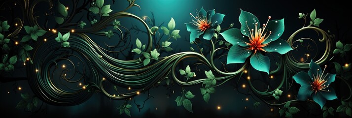 Vibrant flowers and delicate leaves dance across a dark background, creating a striking contrast that draws the eye into a mesmerizing display of natures beauty