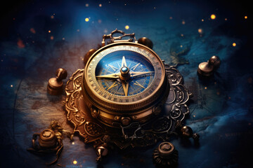 classic old compass. compass navigating. Gold vintage compass on a blue background with lights