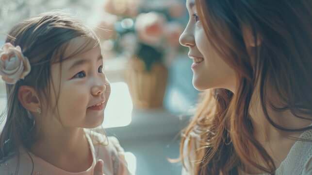 The sweetest little girl is greeting her mother at home on Mother's Day.