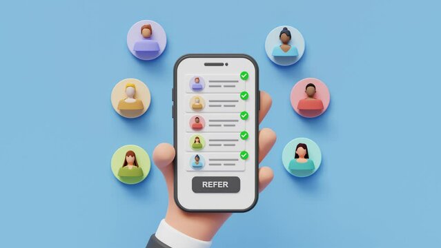 Referral program concept. Hand holding phone. Business partnership strategy with group of people.Network marketing,Referring friends, affiliate marketing concept.Landing page template. 4k 3d animation