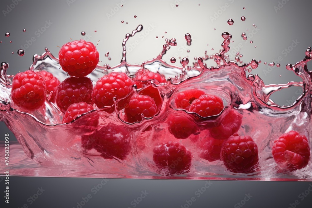 Fototapete fresh raspberries are captured mid-splash as they collide with a glass of crystal-clear water, creat